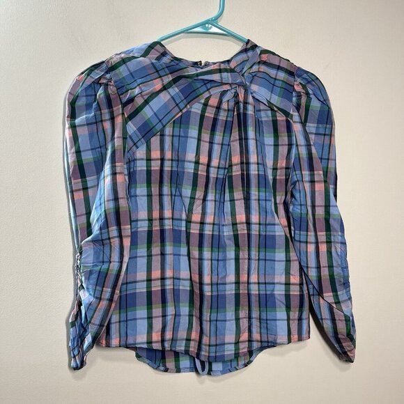 Isabel Marant Esmee Twisted Plaid Puff Shoulder Blouse in Blue Pink Green‎ - Picture 6 of 14